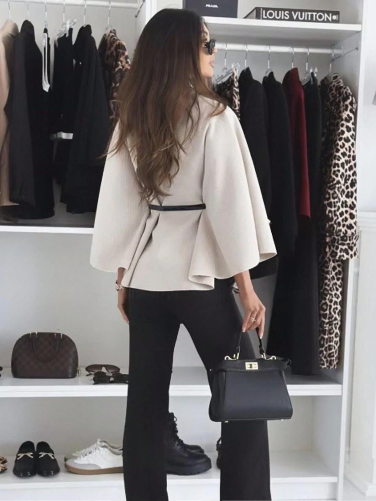 Women's Elegant Apricot Short-Sleeve Stand-Collar Belted Poncho Jacket