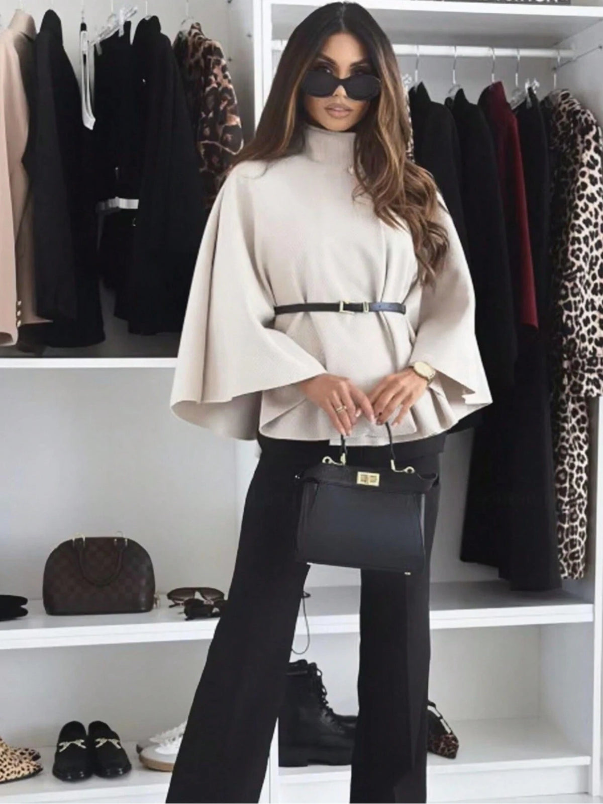 Women's Elegant Apricot Short-Sleeve Stand-Collar Belted Poncho Jacket