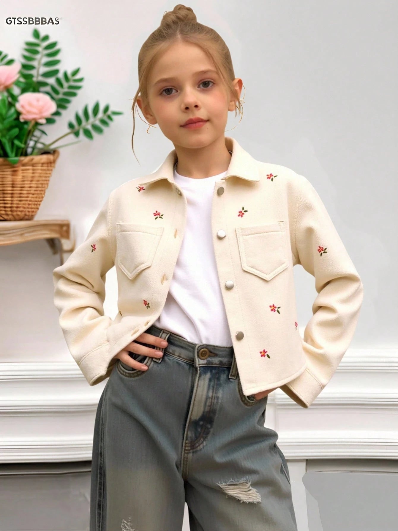 Girls' Floral Embroidered Denim Jacket