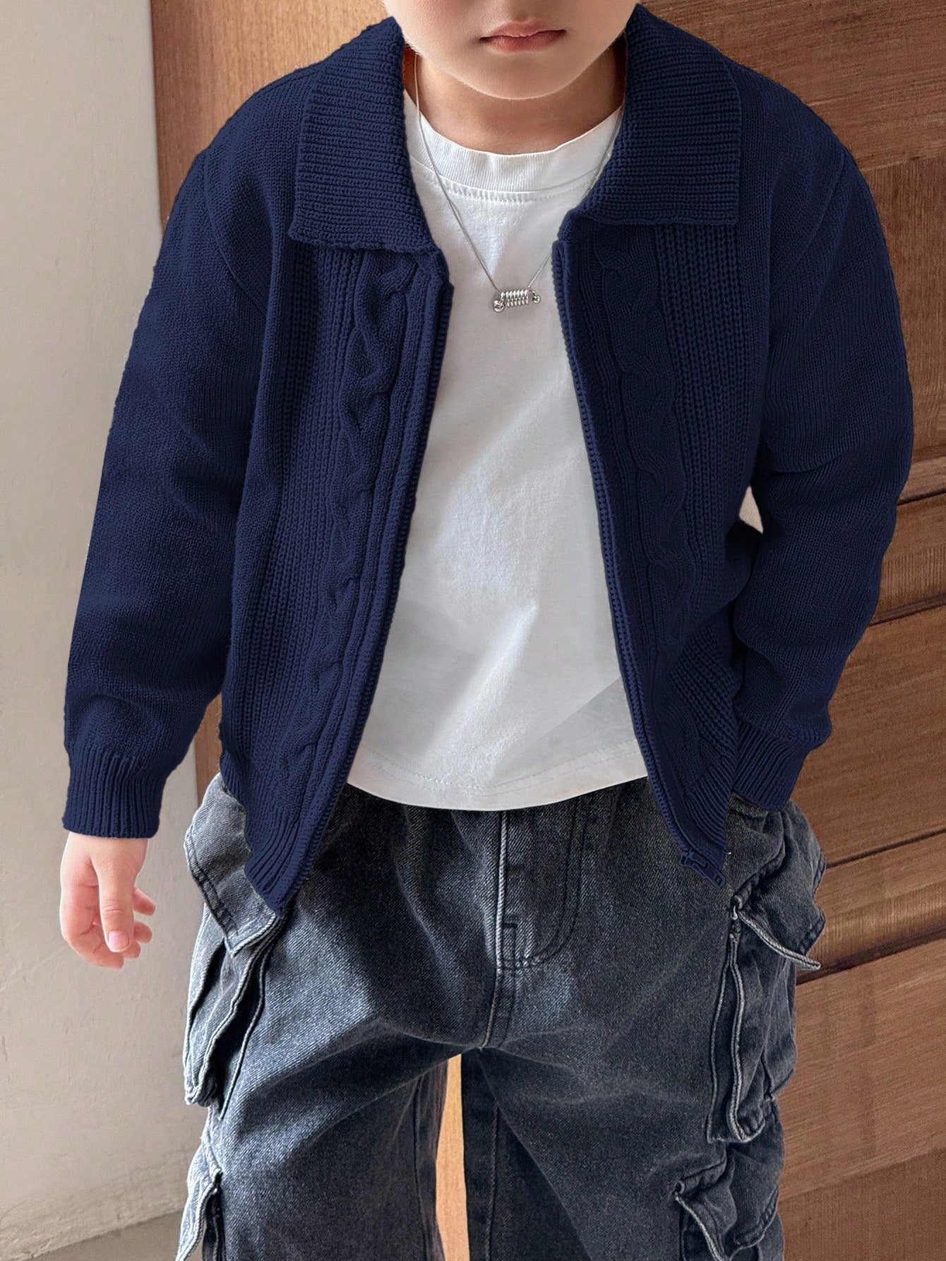 Cardigan Garçon Zippé Torsadé Bleu