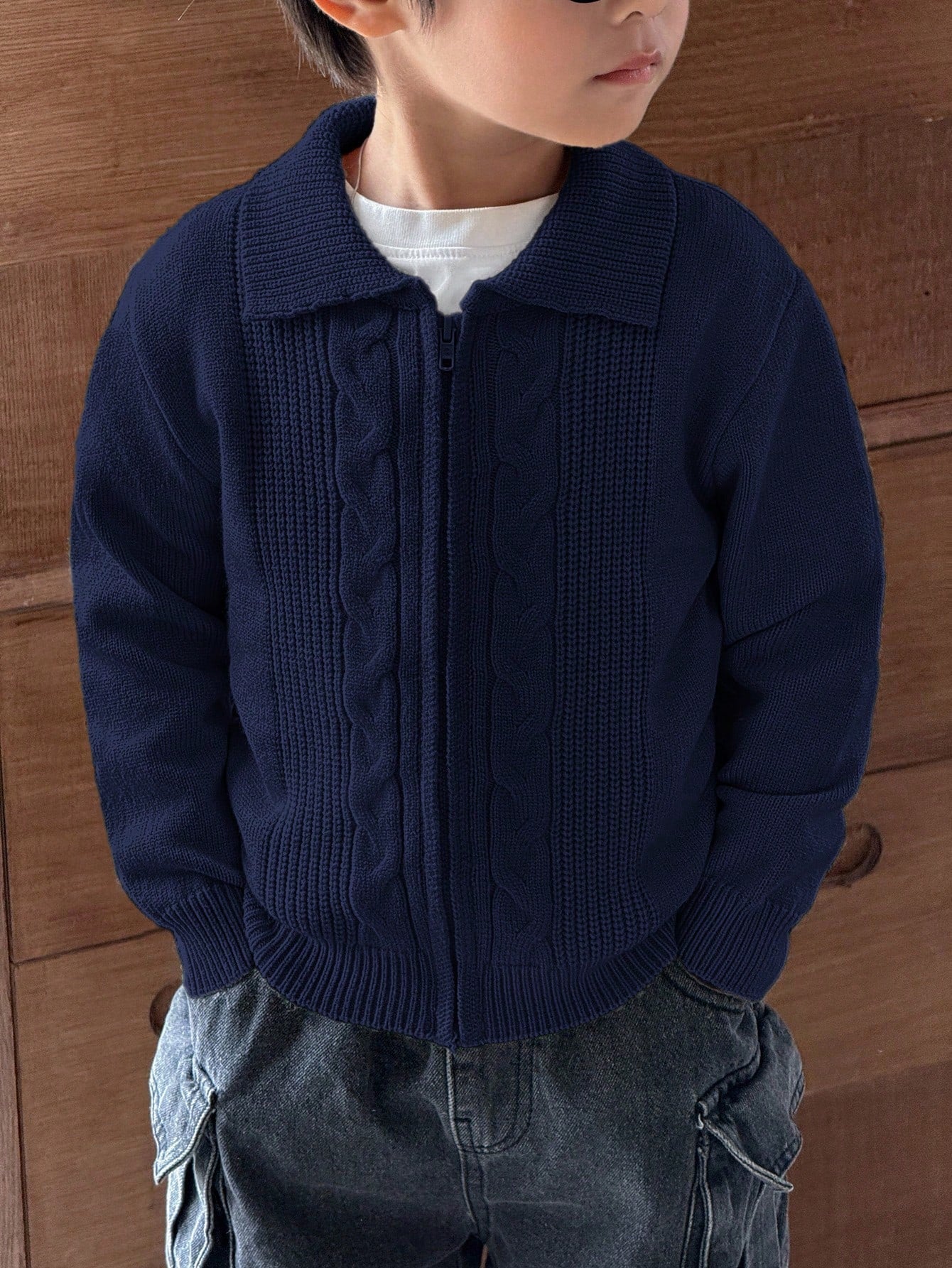 Cardigan Garçon Zippé Torsadé Bleu