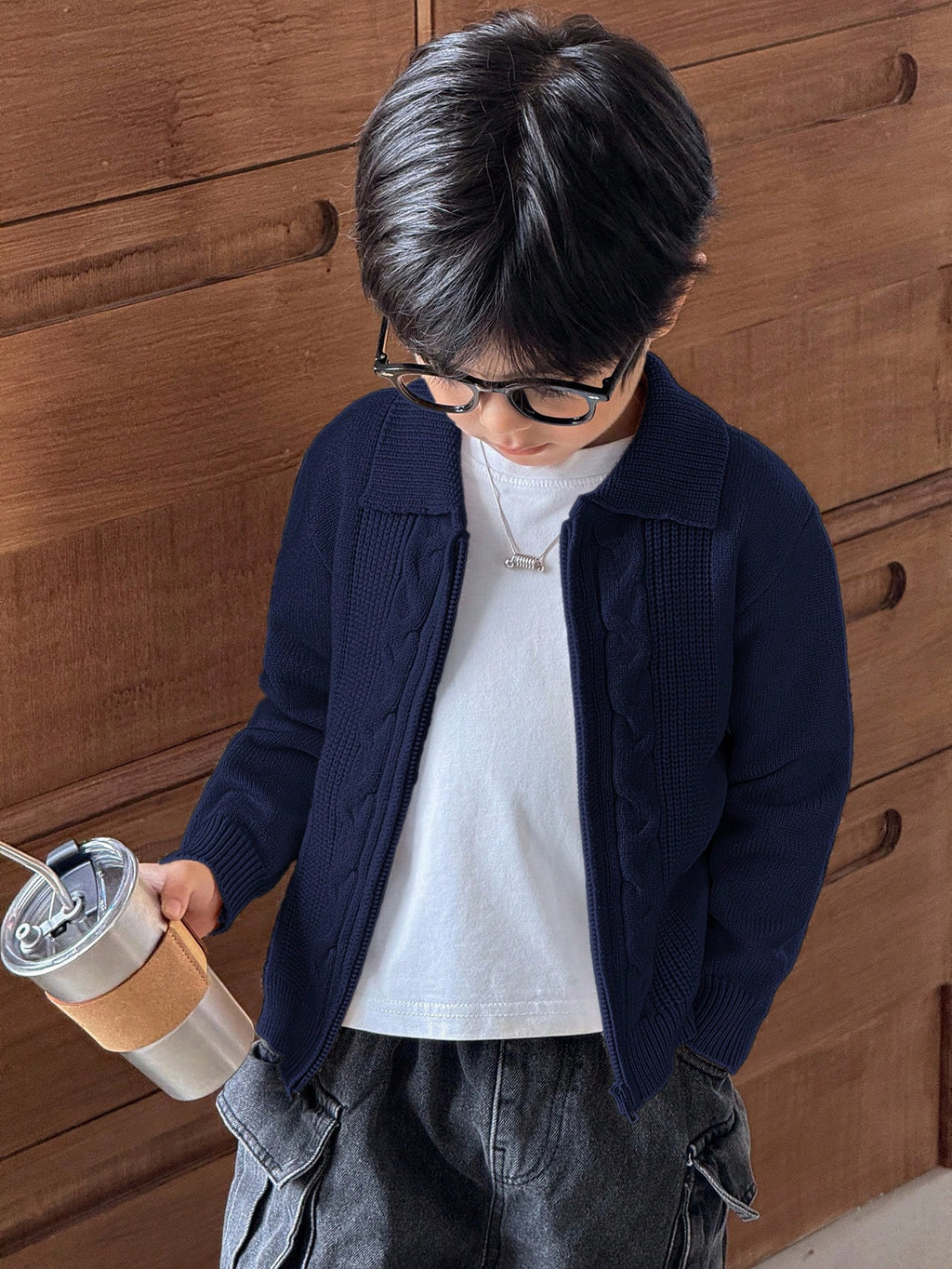 Cardigan Garçon Zippé Torsadé Bleu