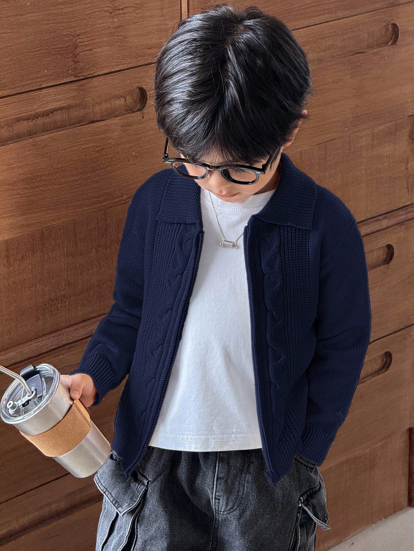 Cardigan Garçon Zippé Torsadé Bleu