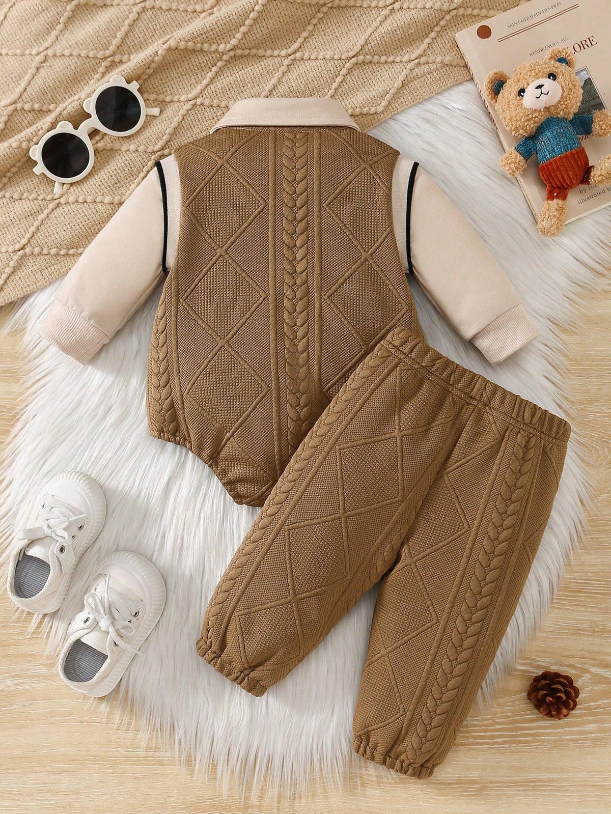 Baby Boy Bowknot Bear Embroidered Bodysuit Pants Set