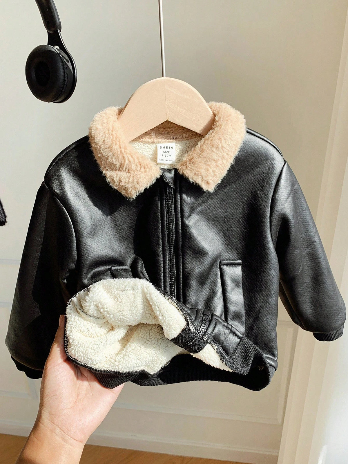 Baby Boys' Black PU Leather Thermal Zip-Up Bomber Jacket