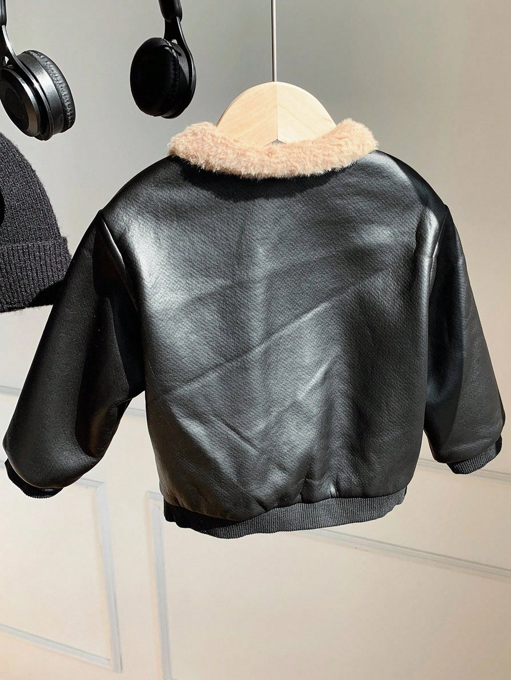 Baby Boys' Black PU Leather Thermal Zip-Up Bomber Jacket