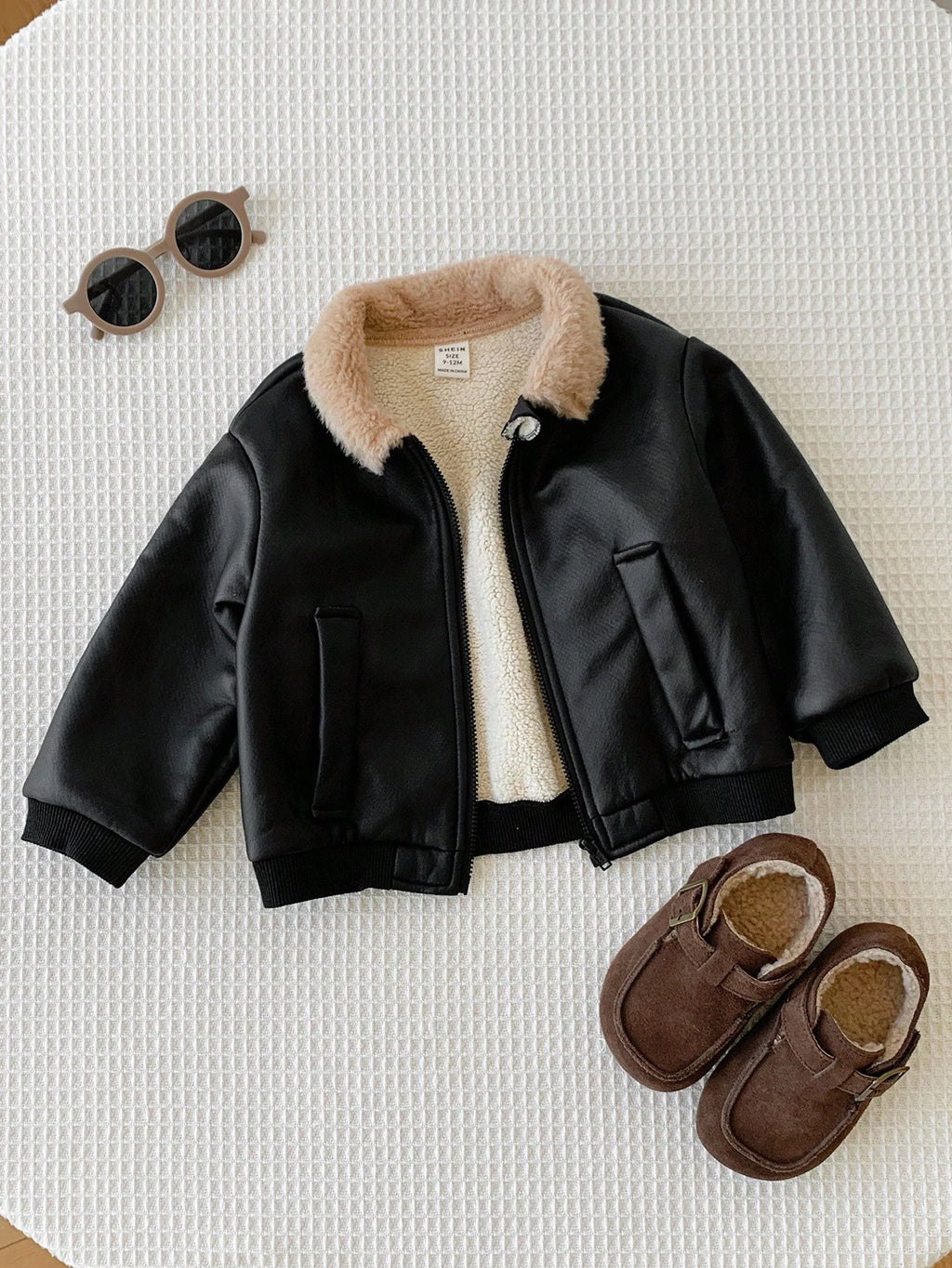 Baby Boys' Black PU Leather Thermal Zip-Up Bomber Jacket