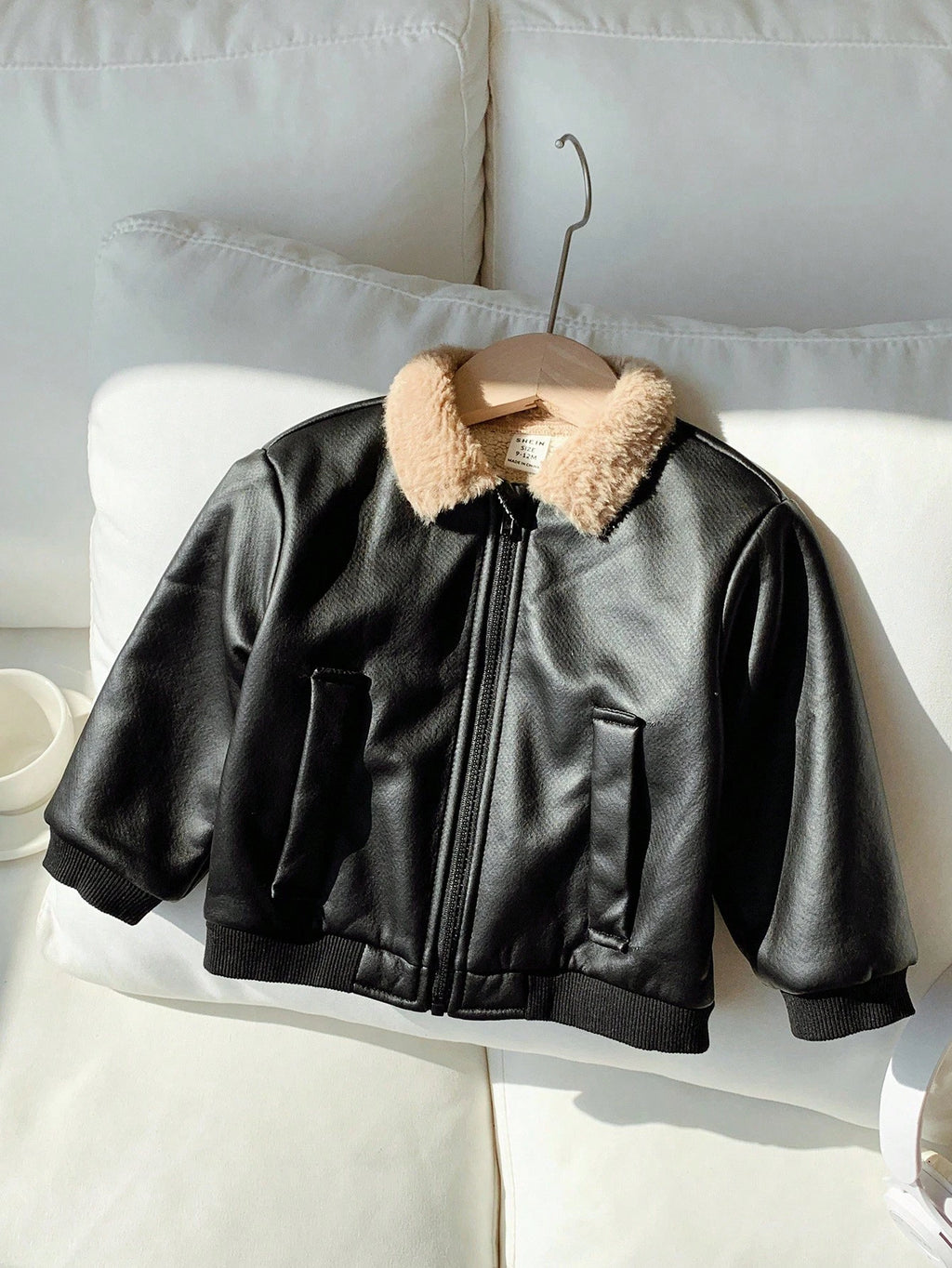 Baby Boys' Black PU Leather Thermal Zip-Up Bomber Jacket