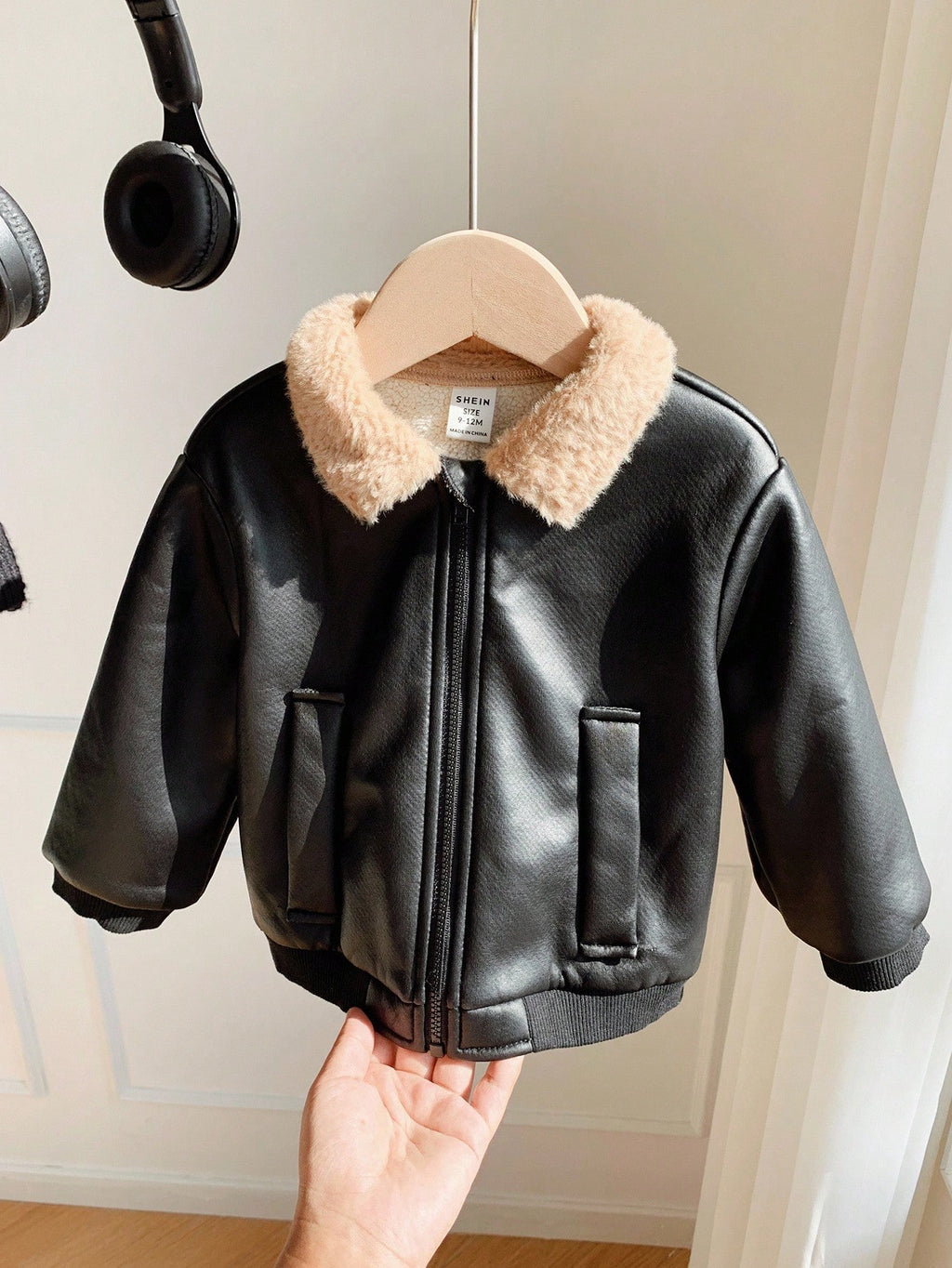 Baby Boys' Black PU Leather Thermal Zip-Up Bomber Jacket