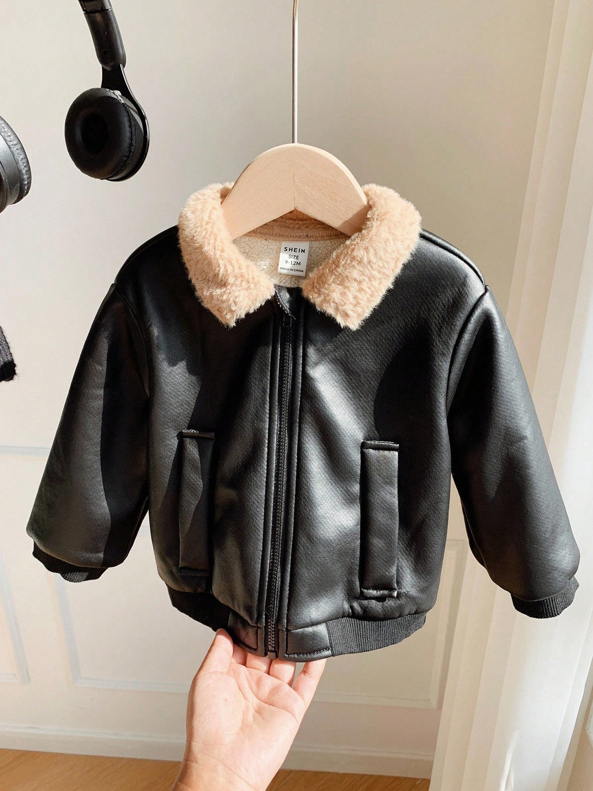 Baby Boys' Black PU Leather Thermal Zip-Up Bomber Jacket