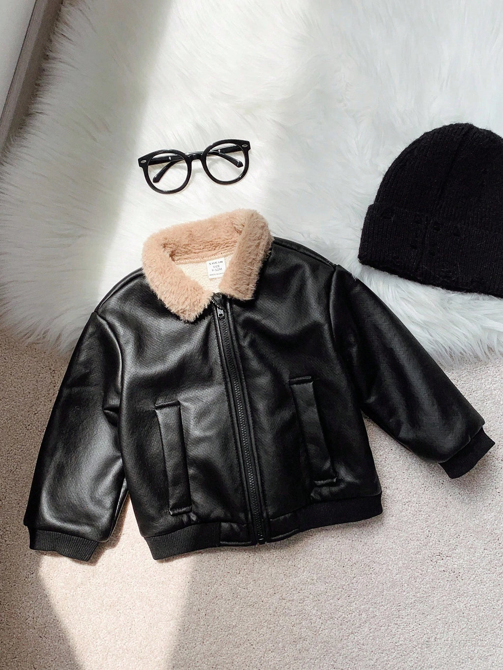 Baby Boys' Black PU Leather Thermal Zip-Up Bomber Jacket