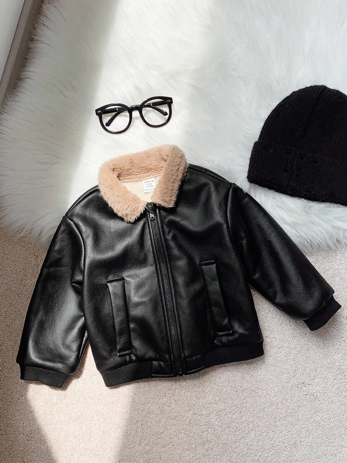 Baby Boys' Black PU Leather Thermal Zip-Up Bomber Jacket