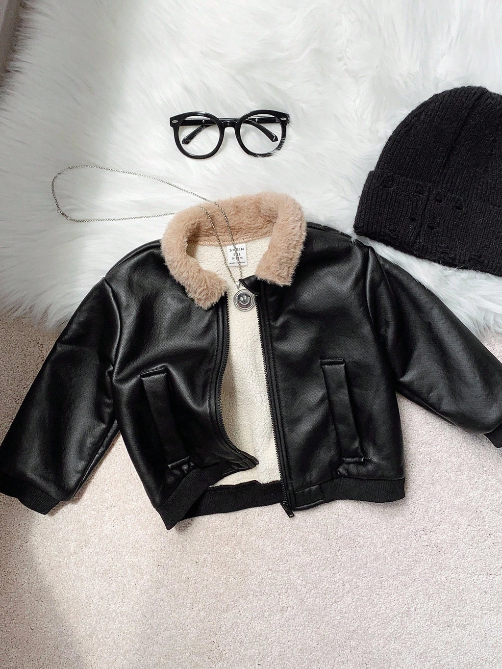 Baby Boys' Black PU Leather Thermal Zip-Up Bomber Jacket