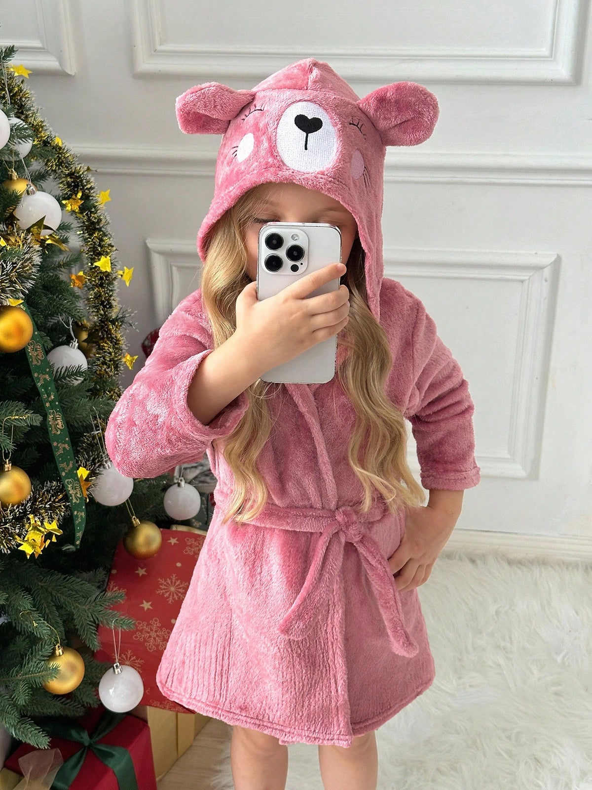 Robe de chambre polaire à capuche 3D Fée rose pour filles