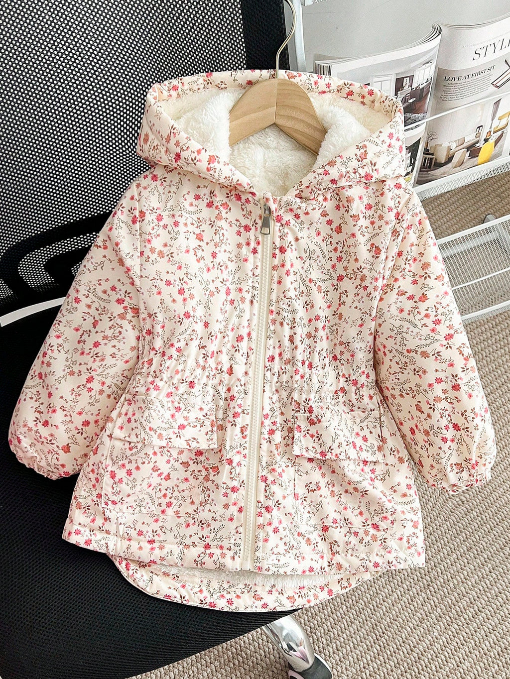 Girls' Apricot Floral Padded Coat
