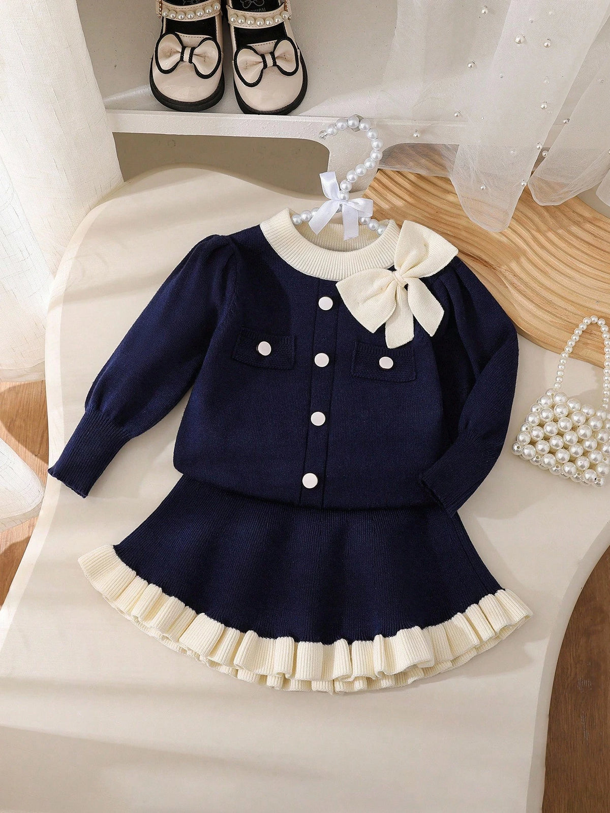Baby Girls' Navy & White Bow & Ruffle Sweater & Skirt Set