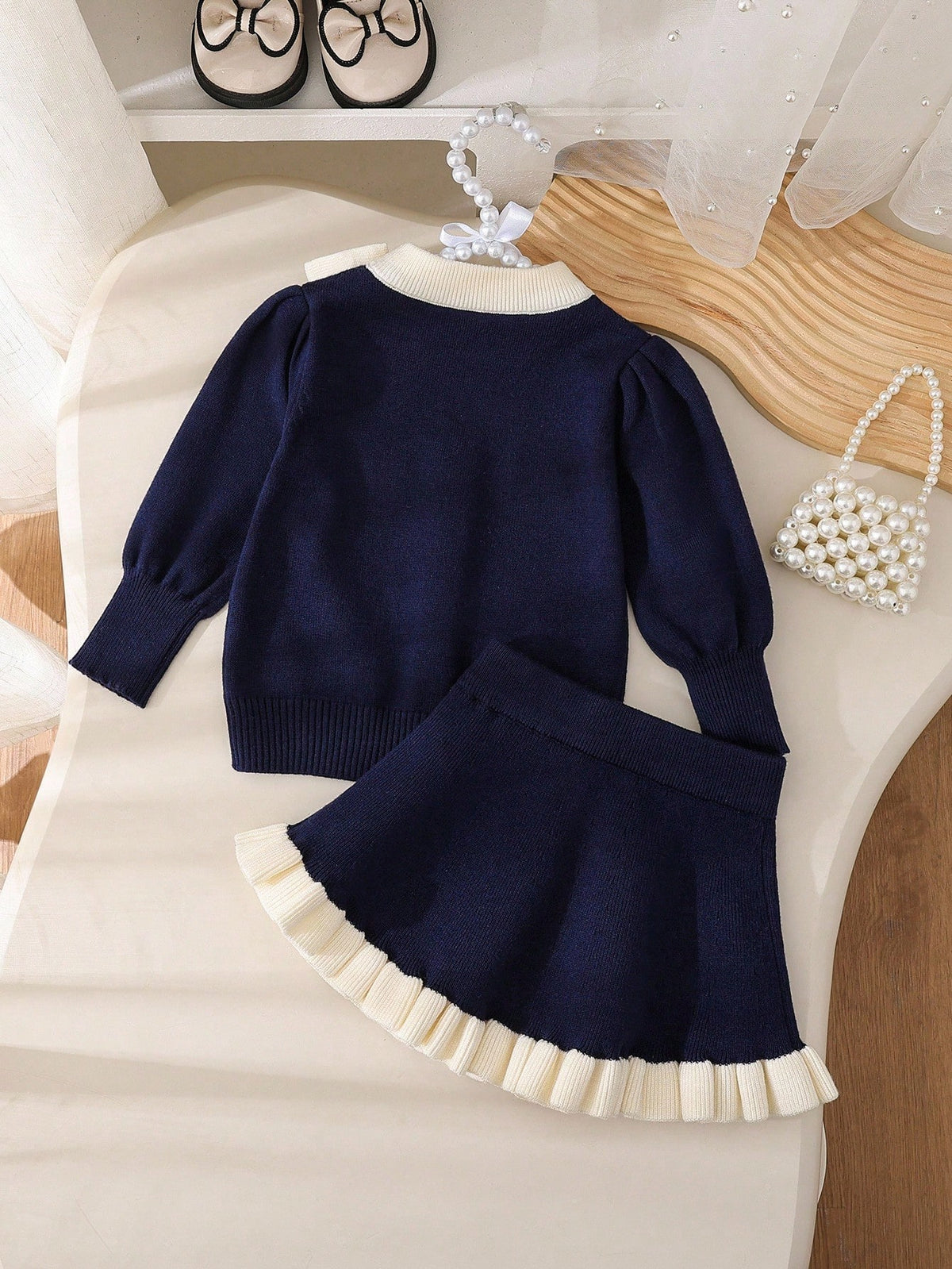 Baby Girls' Navy & White Bow & Ruffle Sweater & Skirt Set