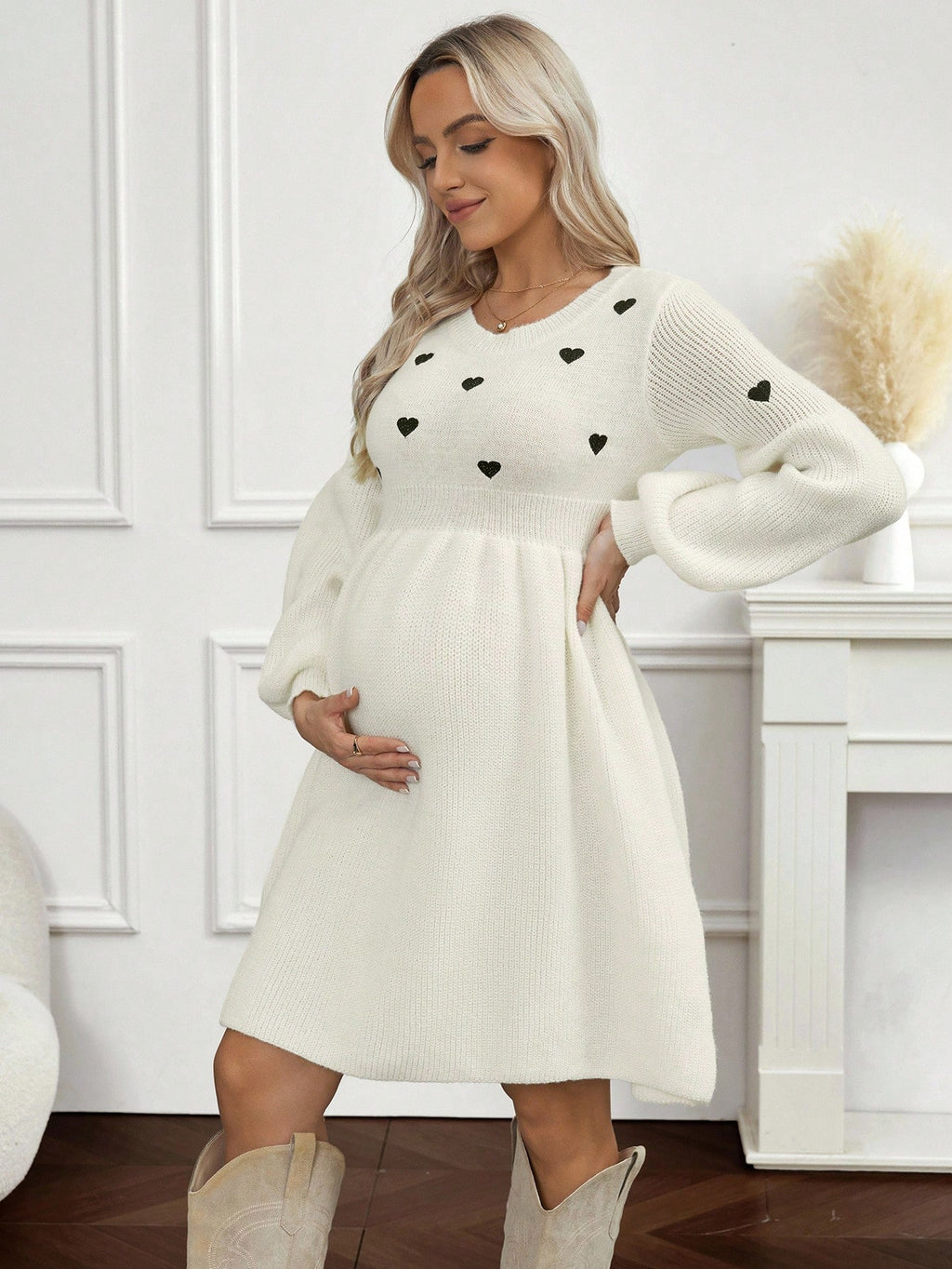 Maternity Jacquard Knit Lantern-Sleeve Sweater Dress