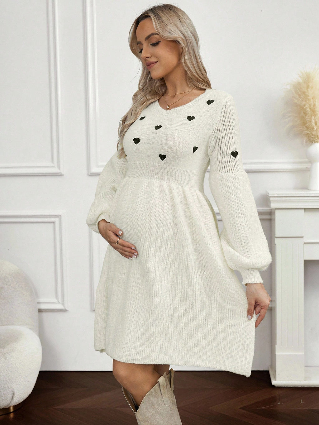 Maternity Jacquard Knit Lantern-Sleeve Sweater Dress