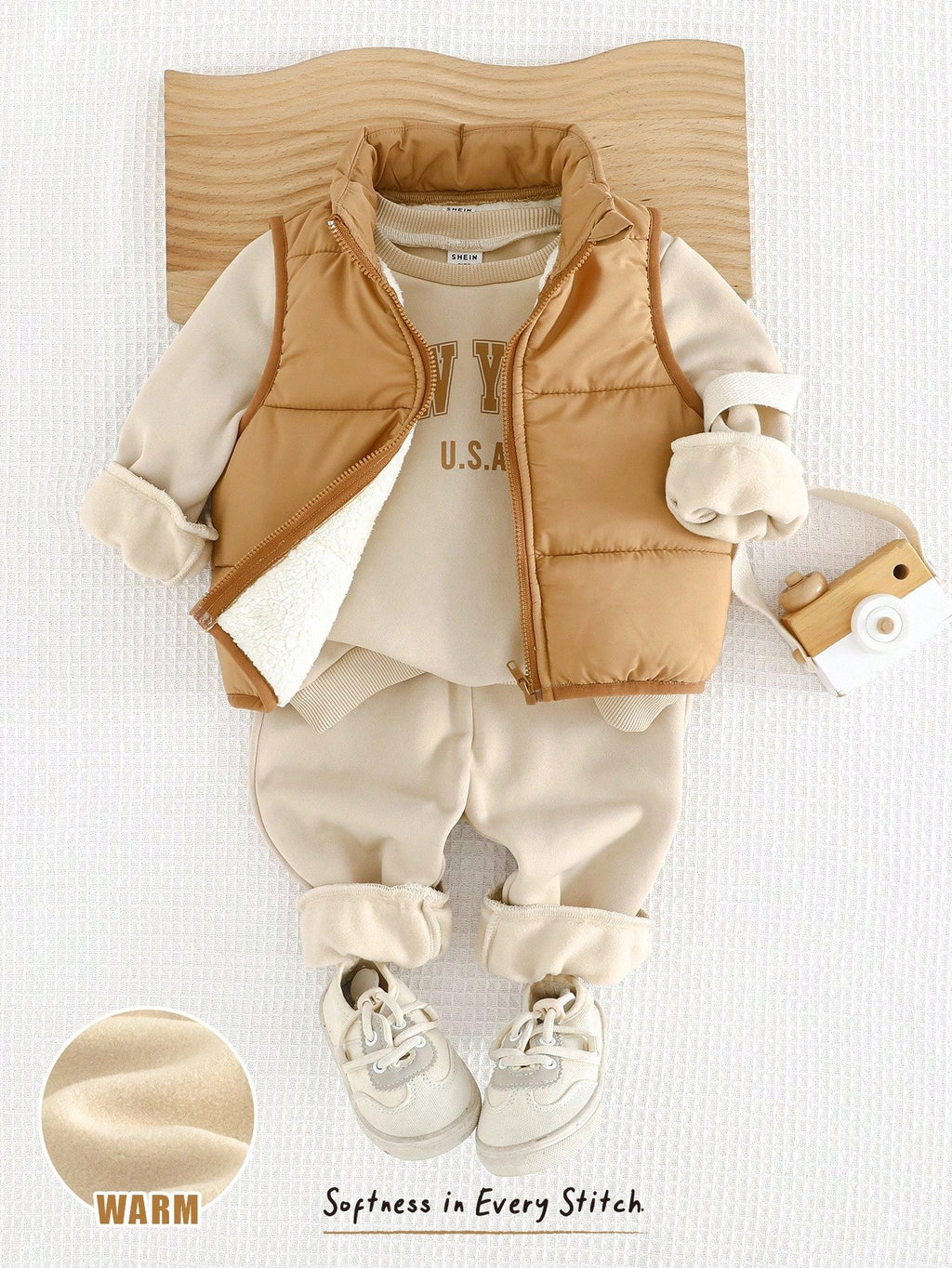 Ensemble 3 pièces gilet épaissi, sweat à capuche et pantalon pour bébé garçon Cozy Pixies Kaki