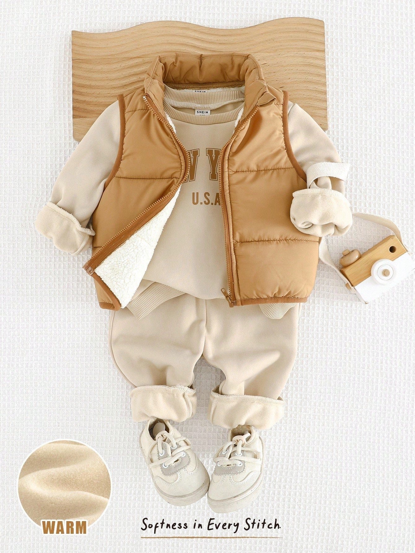Ensemble 3 pièces gilet épaissi, sweat à capuche et pantalon pour bébé garçon Cozy Pixies Kaki