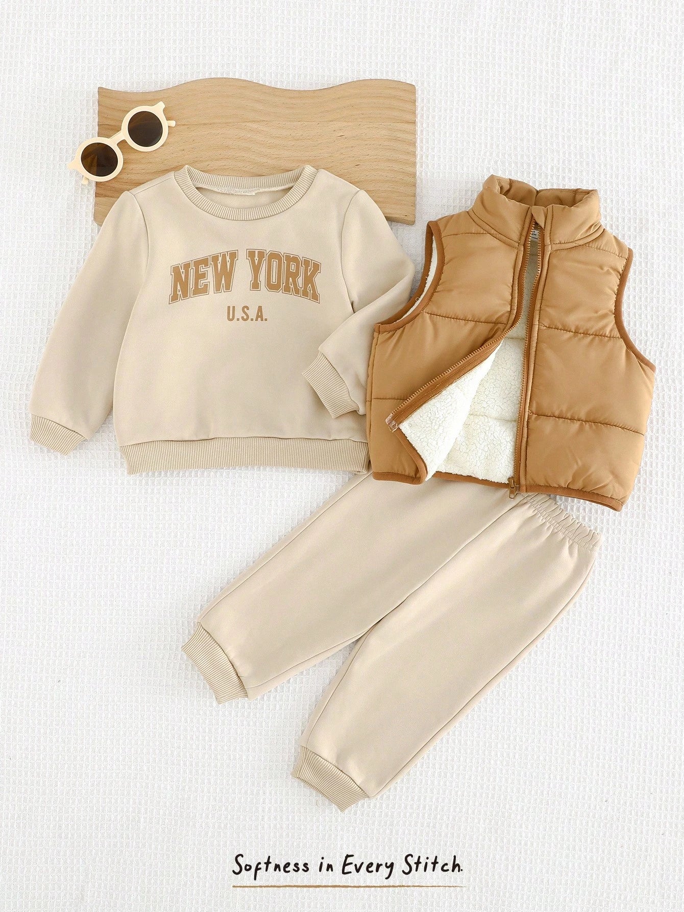 Ensemble 3 pièces gilet épaissi, sweat à capuche et pantalon pour bébé garçon Cozy Pixies Kaki