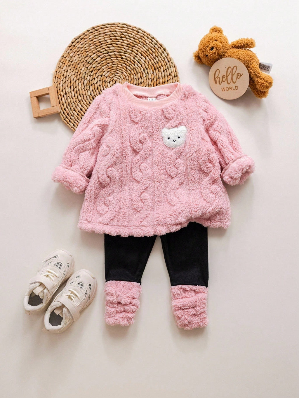 Baby Girl Furry Cartoon Thermal Hoodie Set - Pink
