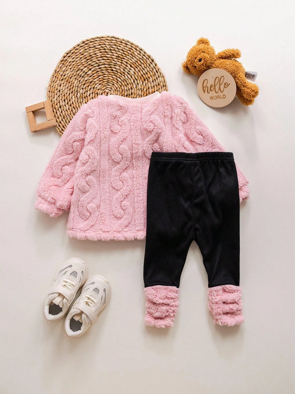 Baby Girl Furry Cartoon Thermal Hoodie Set - Pink
