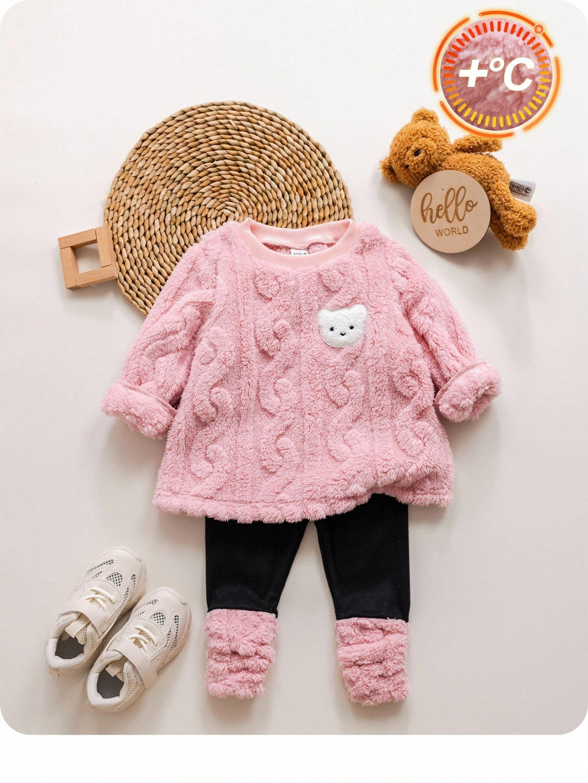 Baby Girl Furry Cartoon Thermal Hoodie Set - Pink