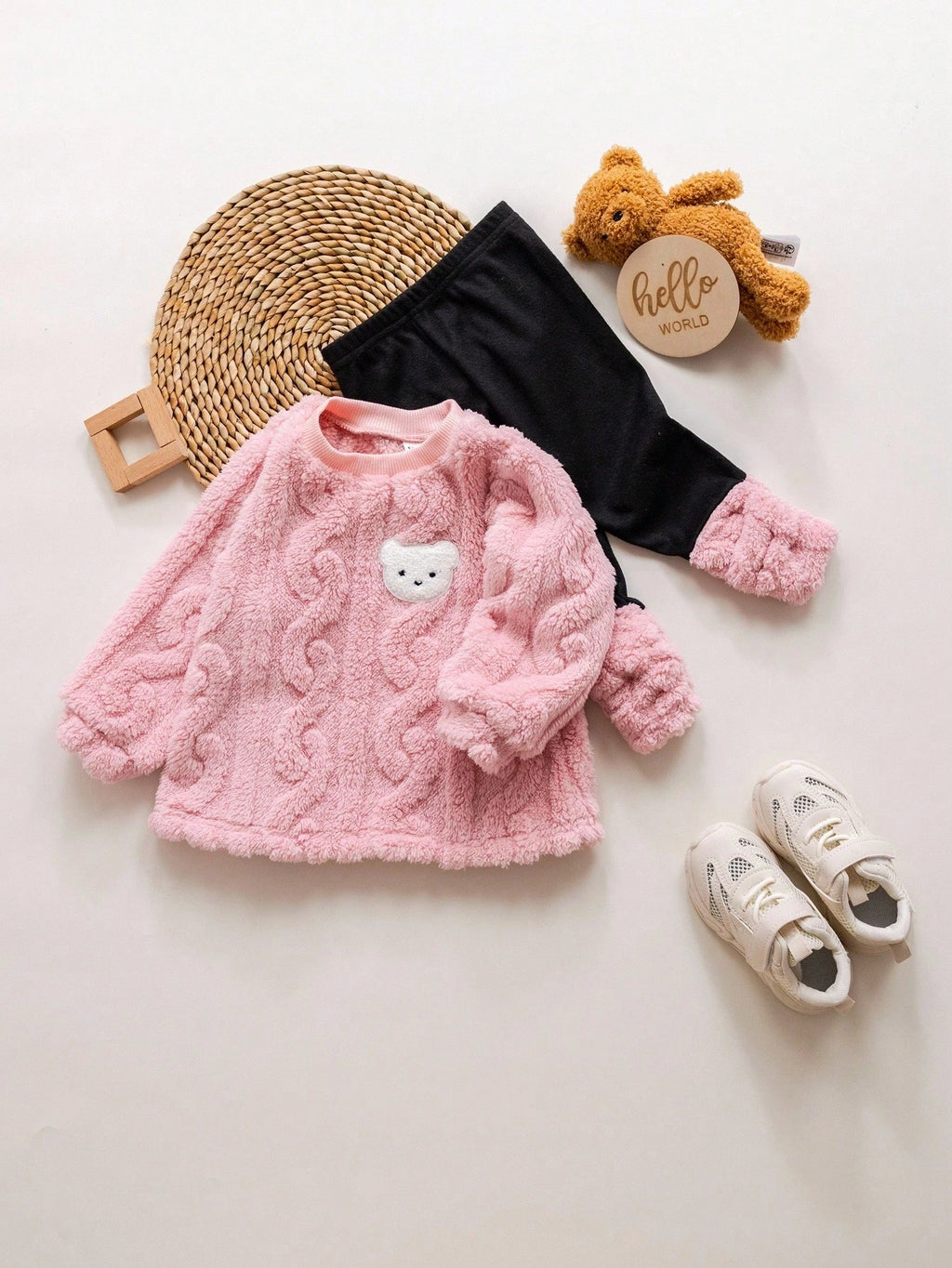 Baby Girl Furry Cartoon Thermal Hoodie Set - Pink