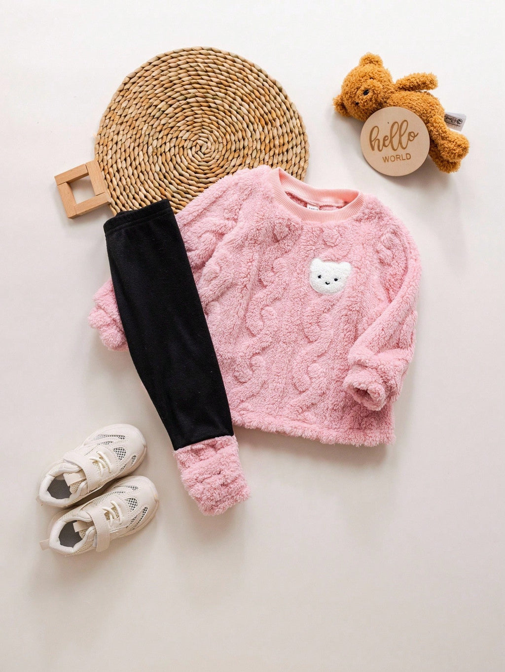 Baby Girl Furry Cartoon Thermal Hoodie Set - Pink