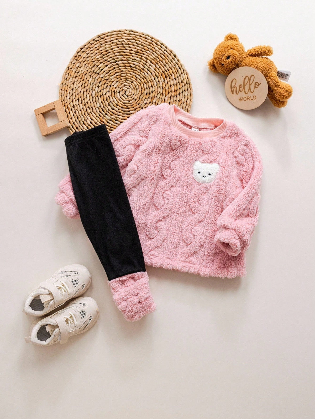 Baby Girl Furry Cartoon Thermal Hoodie Set - Pink