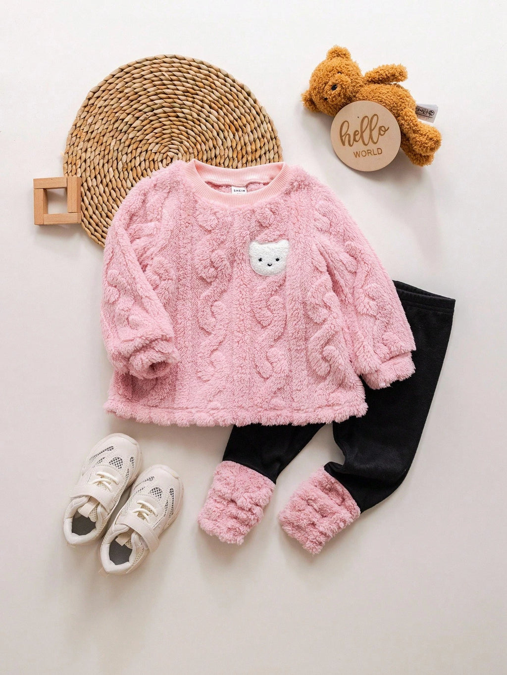 Baby Girl Furry Cartoon Thermal Hoodie Set - Pink