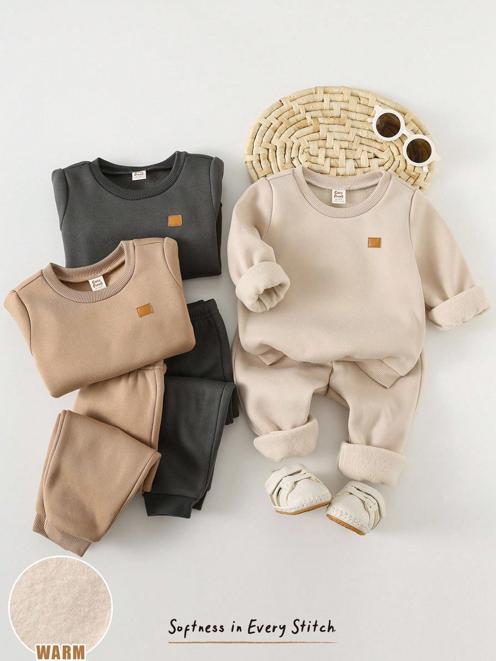 Ensemble 3 pièces sweat-shirt et pantalon en tissu tissé Cozy Pixies pour bébé garçon, couleur marron