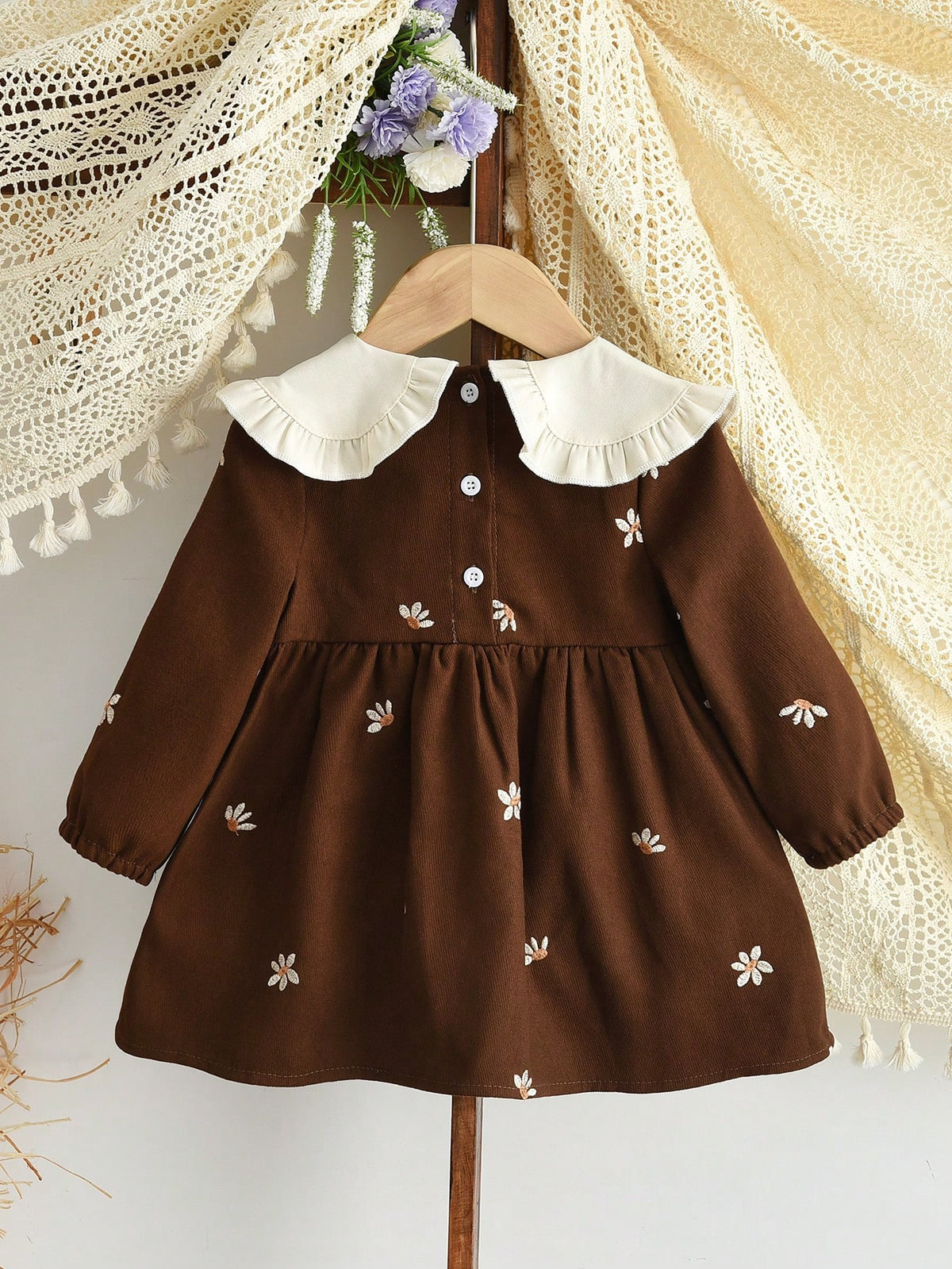 Baby Girls' Autumn Floral Embroidered Long-Sleeve Dress