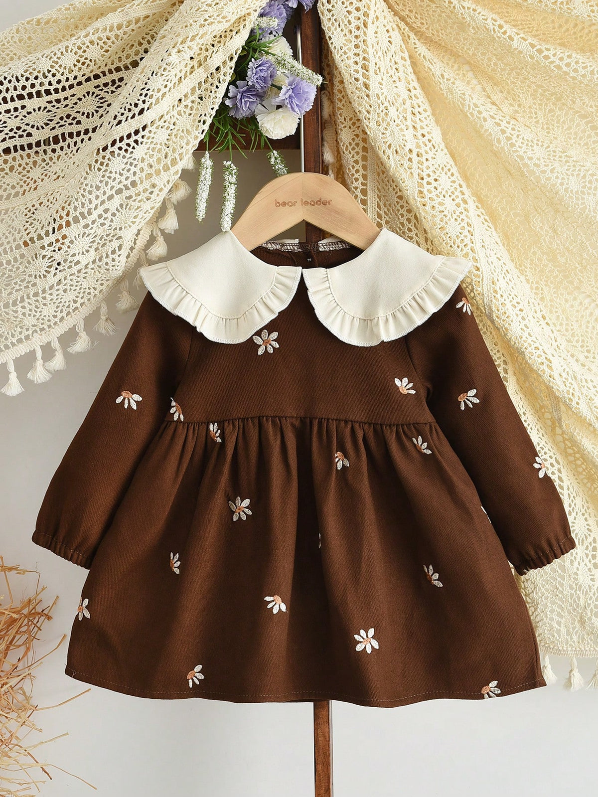 Baby Girls' Autumn Floral Embroidered Long-Sleeve Dress
