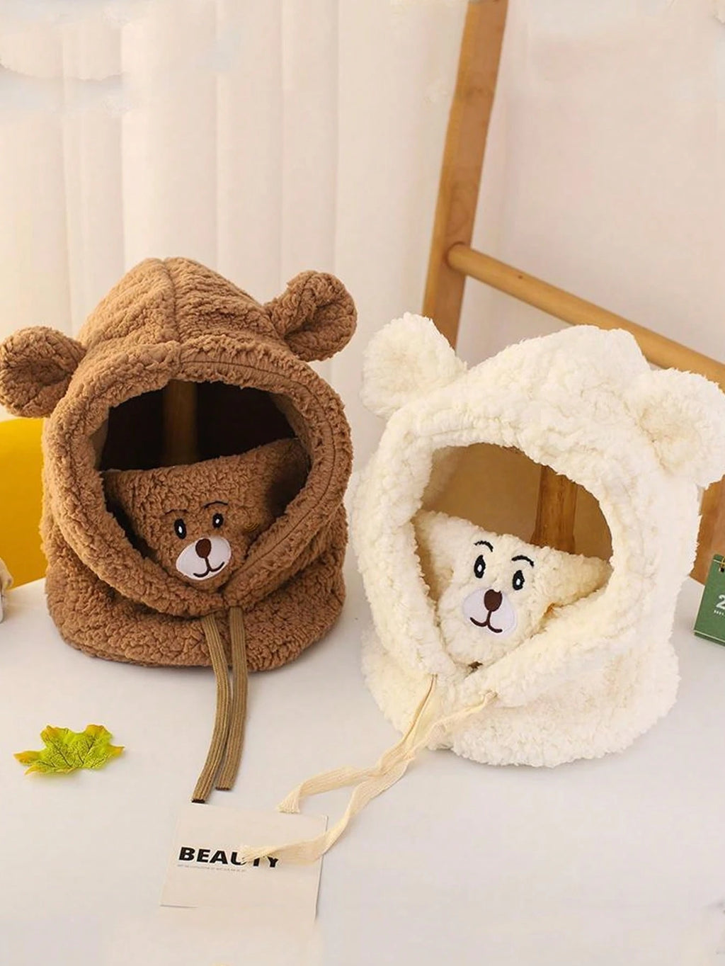 Kids' Double-Layer Plush Cute Bear Cartoon Scarf Hat – Brown