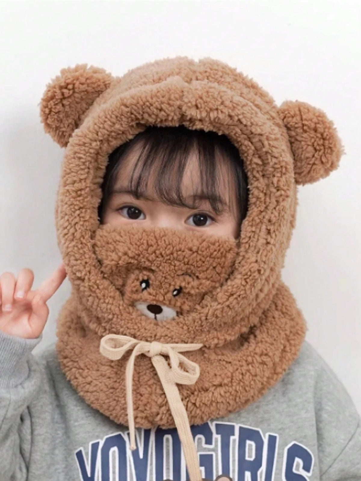 Kids' Double-Layer Plush Cute Bear Cartoon Scarf Hat – Brown
