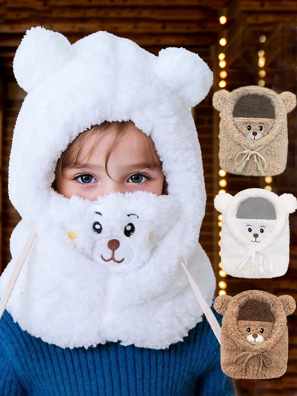 Kids' Double-Layer Plush Cute Bear Cartoon Scarf Hat – Brown