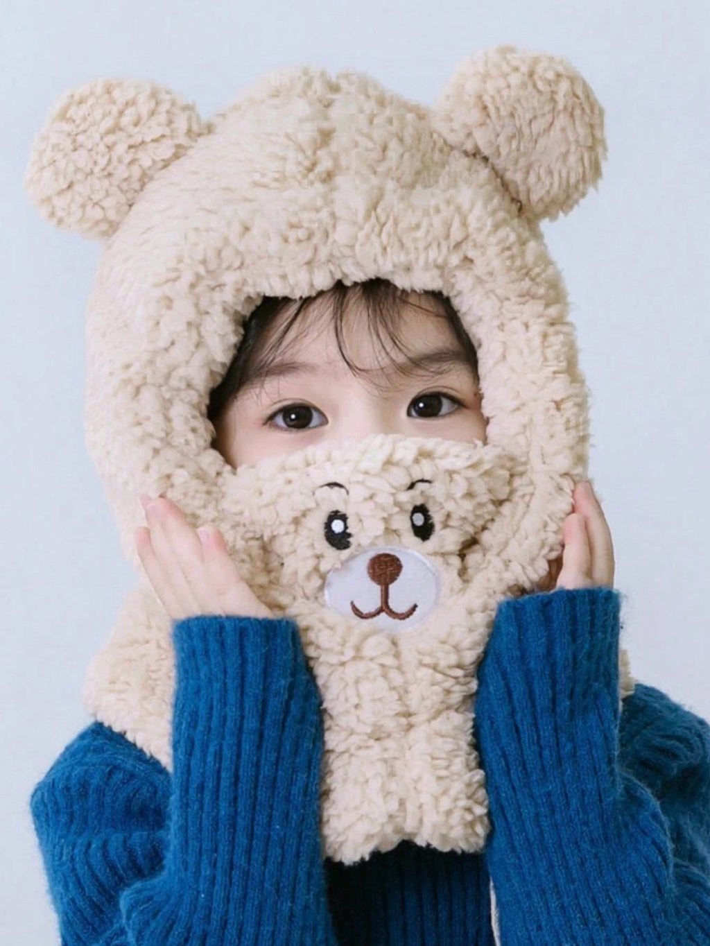 Kids' Double-Layer Plush Cute Bear Cartoon Scarf Hat – Brown