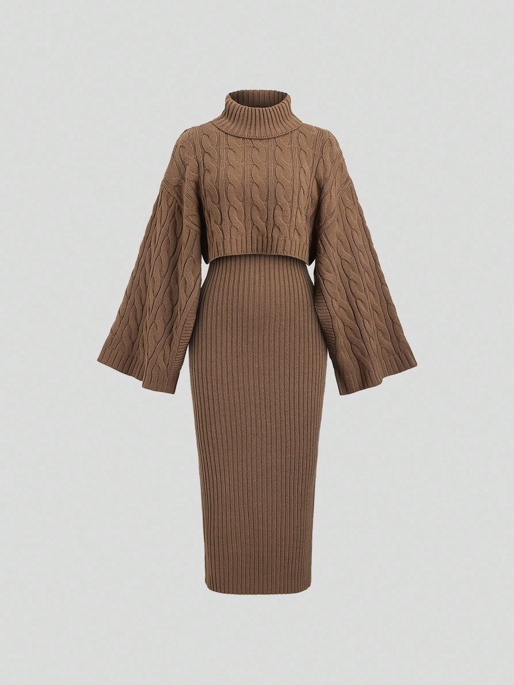 Sweetra Women's Coffee Brown High-Neck Cropped Sweater And Skirt Set