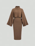 Sweetra Women's Coffee Brown High-Neck Cropped Sweater And Skirt Set