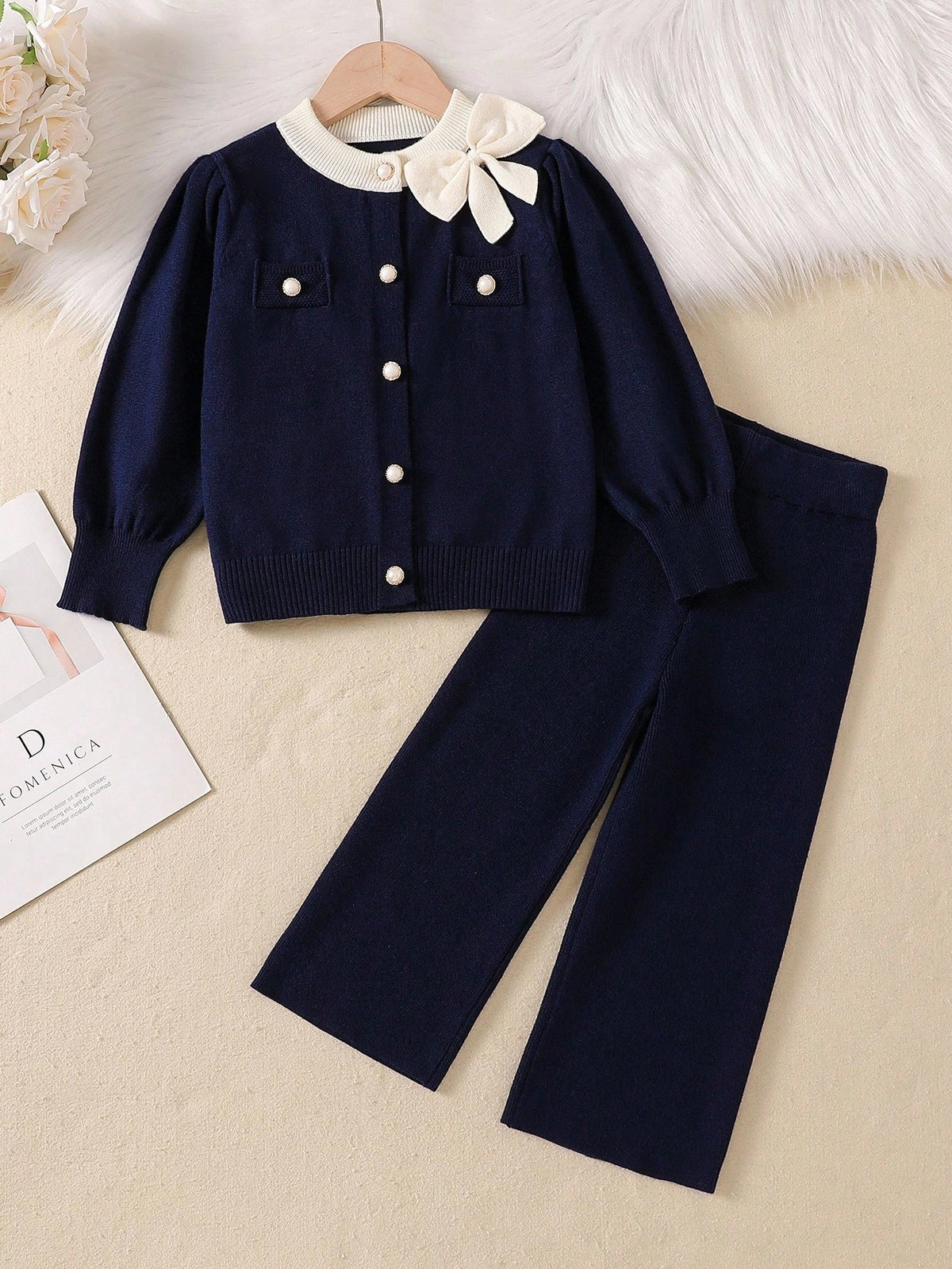 Young Girl 3D Bow Frill Trim Knit Cardigan Pants 2 Piece Set