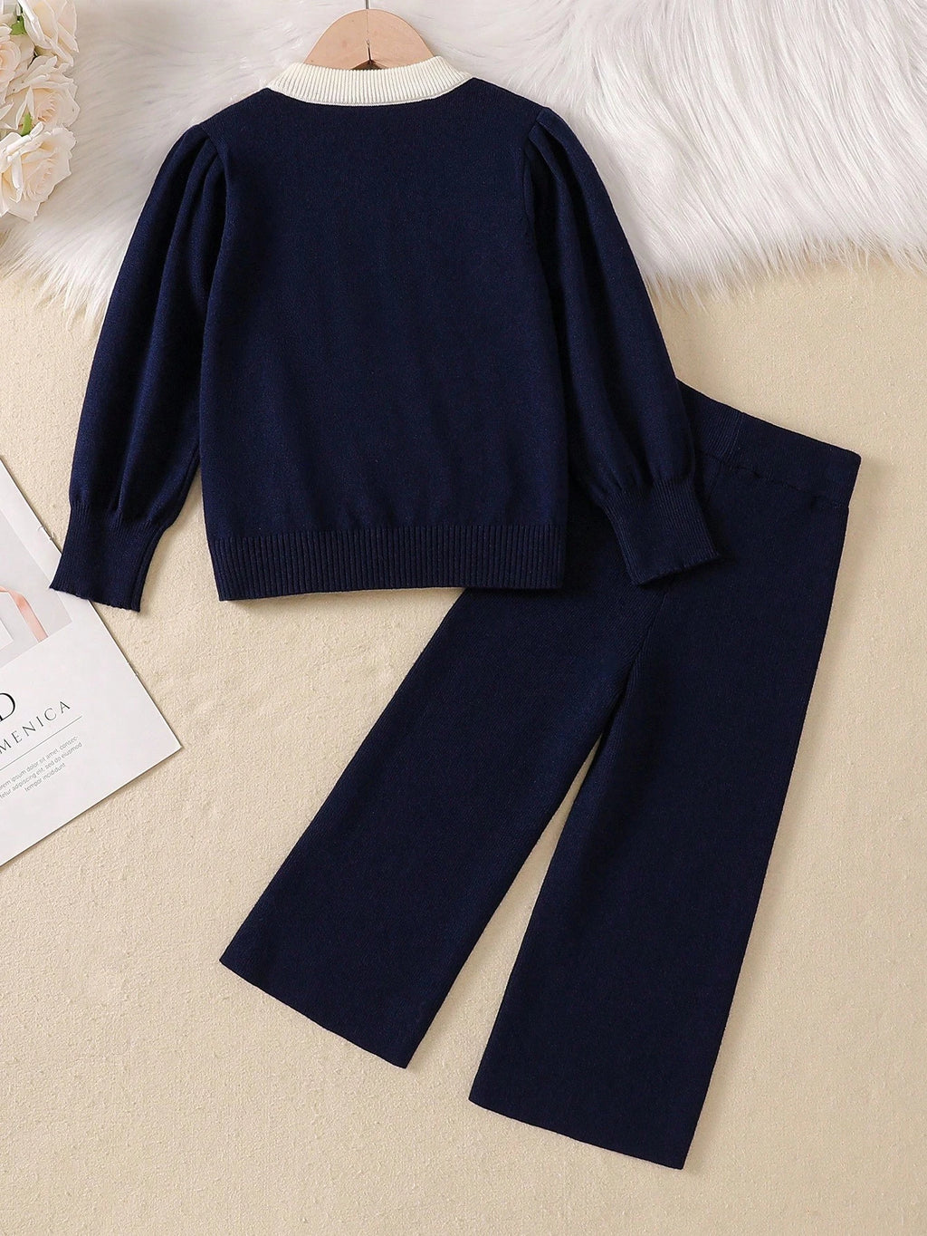 Young Girl 3D Bow Frill Trim Knit Cardigan Pants 2 Piece Set