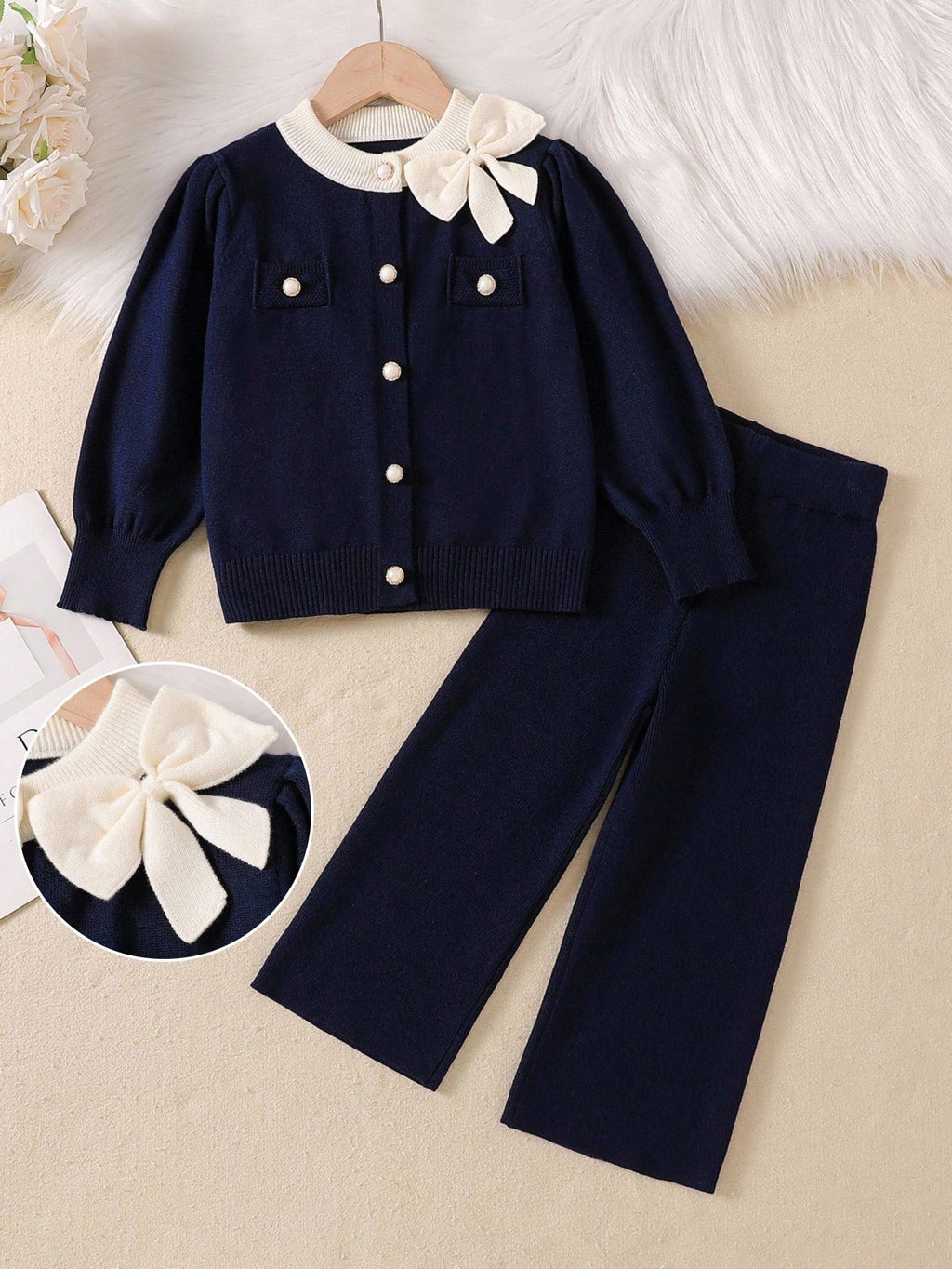 Young Girl 3D Bow Frill Trim Knit Cardigan Pants 2 Piece Set