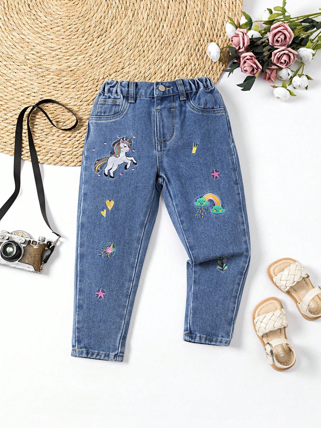 Girls' Rainbow Embroidered Tapered Jeans