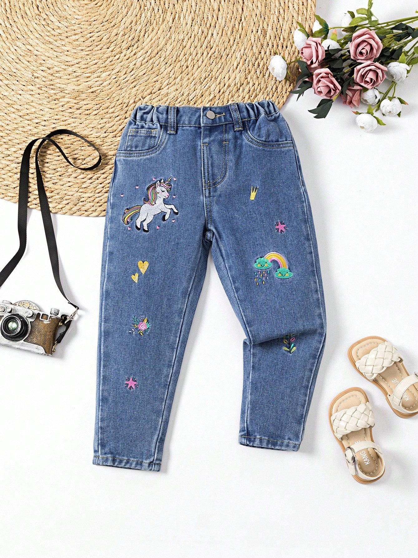 Girls' Rainbow Embroidered Tapered Jeans