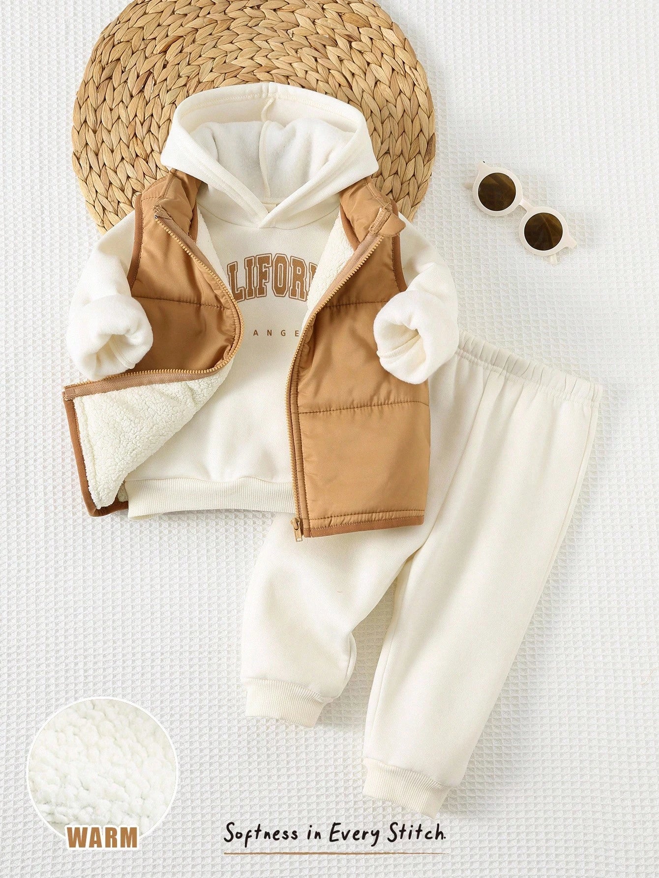 Ensemble 3 pièces Cozy Pixies pour bébé garçon : sweat à capuche, gilet et pantalon imprimés, couleur abricot