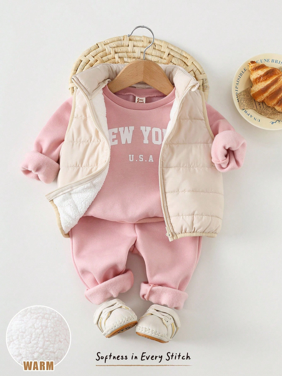 Baby Girls' Hoodie, Vest & Elastic-Waist Pants 3-Piece Set Multicolor