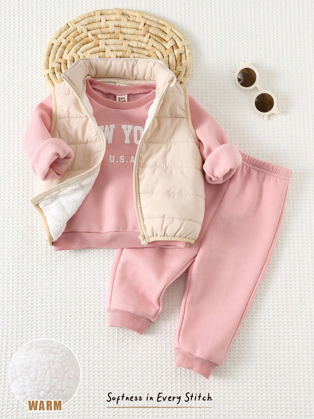 Ensemble 3 pièces multicolore pour bébé fille : sweat à capuche, gilet et pantalon à taille élastique